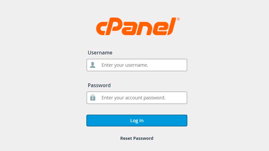 cPanel login page where you enter the username and the password